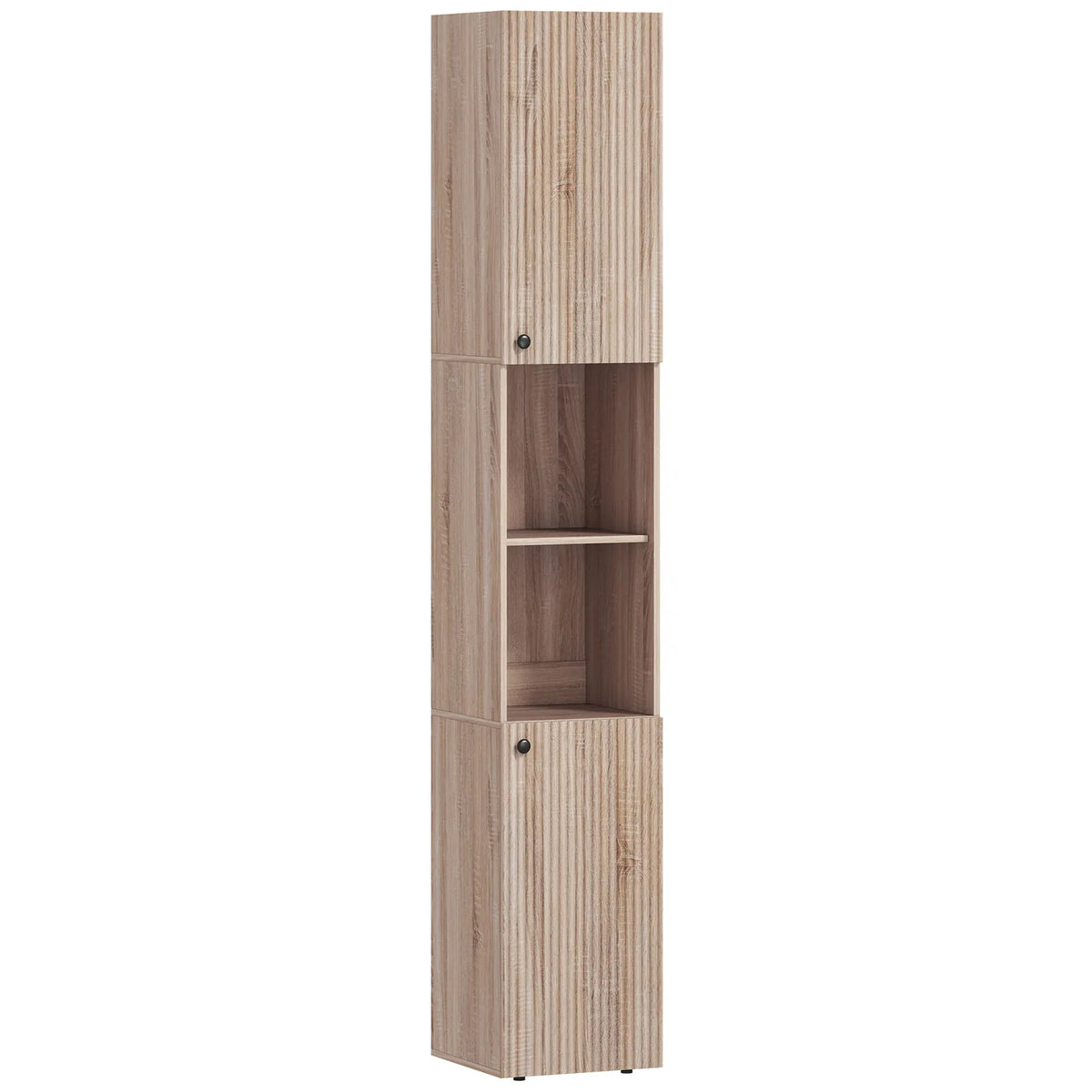 HOMCOM 6-Tier Tall Bathroom Cabinet with Fluted Doors & Adjustable Shelves – Slim Nordic Storage, Natural