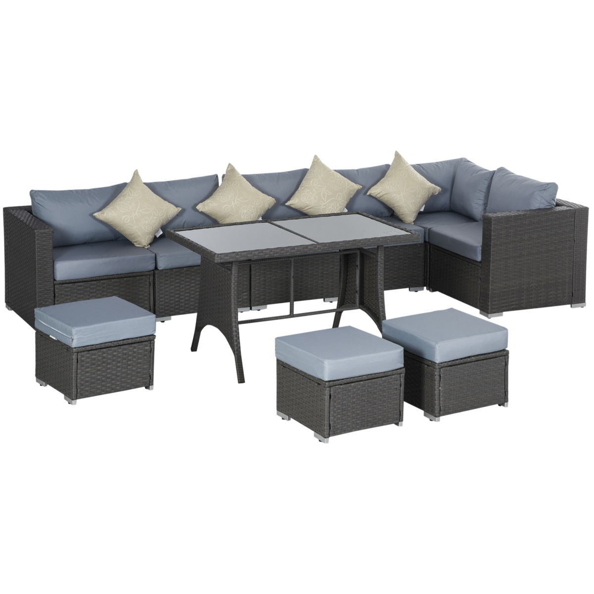Outsunny 10-piece rattan corner sofa set, grey and dusty blue