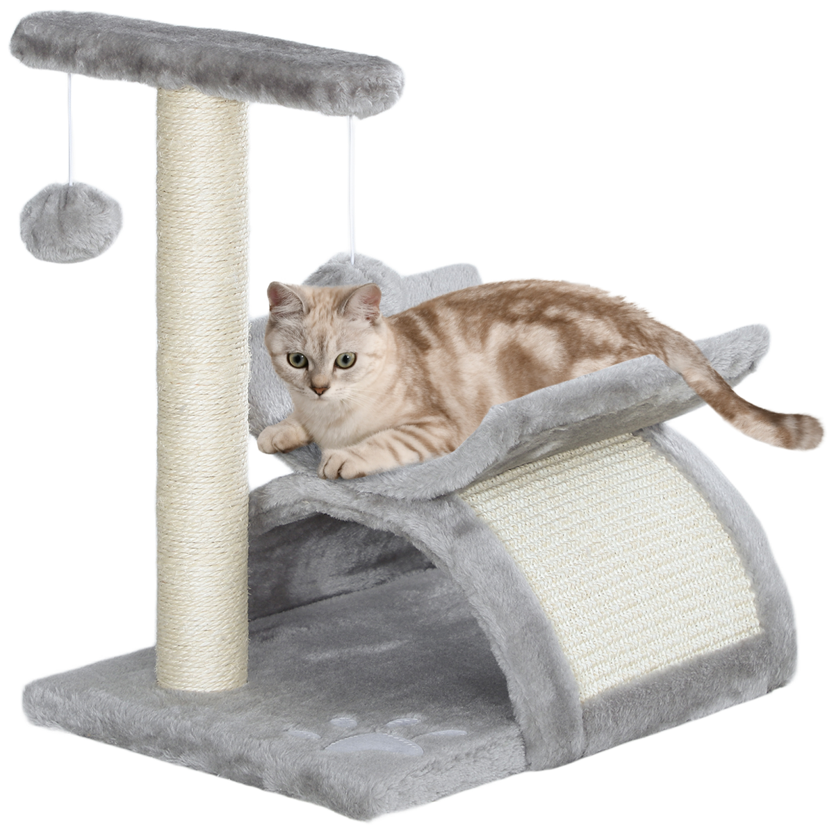 Pawhut Small Cat Tree with Rotatable Pole, Tunnel, Scratching Bridge and Dangling Balls – Plush Indoor Play Centre