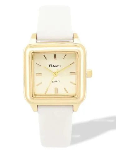 Ravel Ladies Summertime Square Gold-Tone Watch with White Faux Leather Strap, 28mm