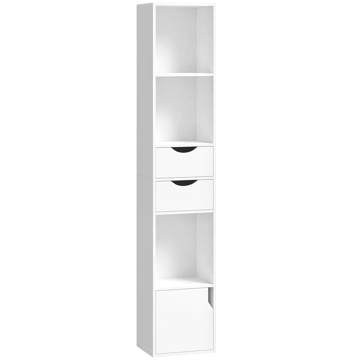 HOMCOM 158 cm Slim Bookcase with 2 Drawers, Cabinet and Adjustable Shelf – Space-Saving Bookshelf, White