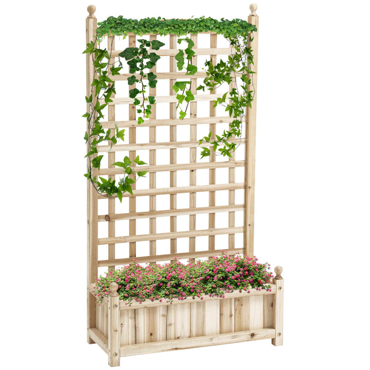 Outsunny Fir Wood Raised Garden Bed with Trellis & Drainage Holes – Indoor Outdoor Planter, Natural