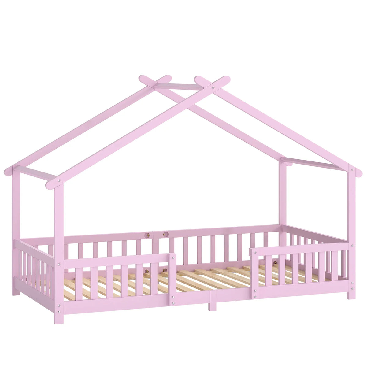 AIYAPLAY Wooden House Kids Single Bed with Dual Guardrails – Solid Pine, Pink, Fits 90 x 200 cm Mattress