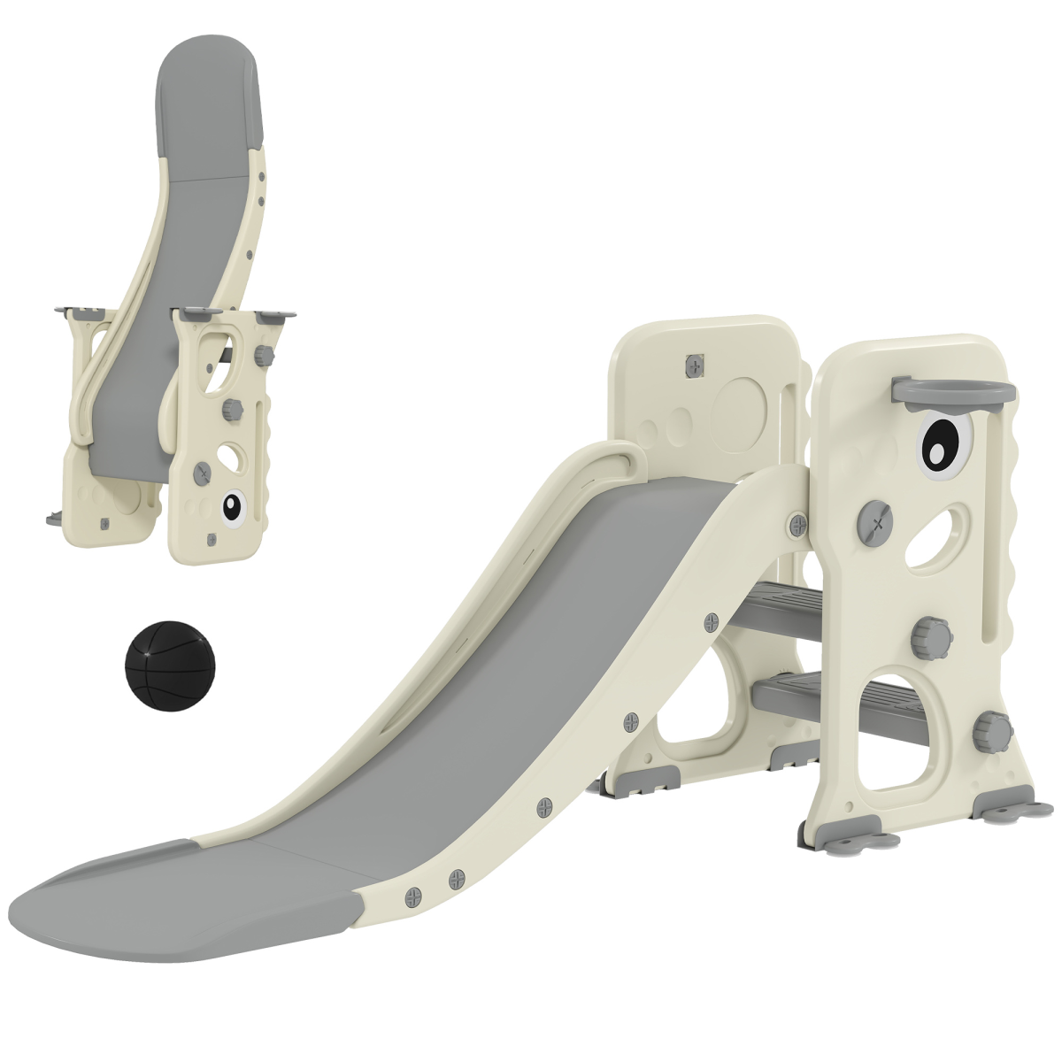 AIYAPLAY Foldable 3-in-1 Kids Slide with Climber and Basketball Hoop – Dinosaur Theme Playset, Cream White