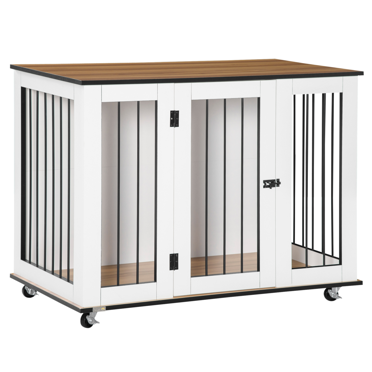 PawHut Dog Crate Furniture End Table with Lockable Door and Roller Castors – For Large Dogs, White