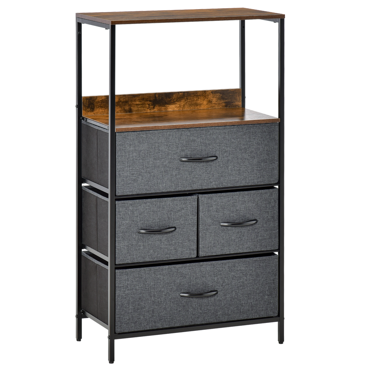 4 Drawer Storage Chest Unit with Top Shelves and Metal Frame – Living Room and Bedroom Storage, Black