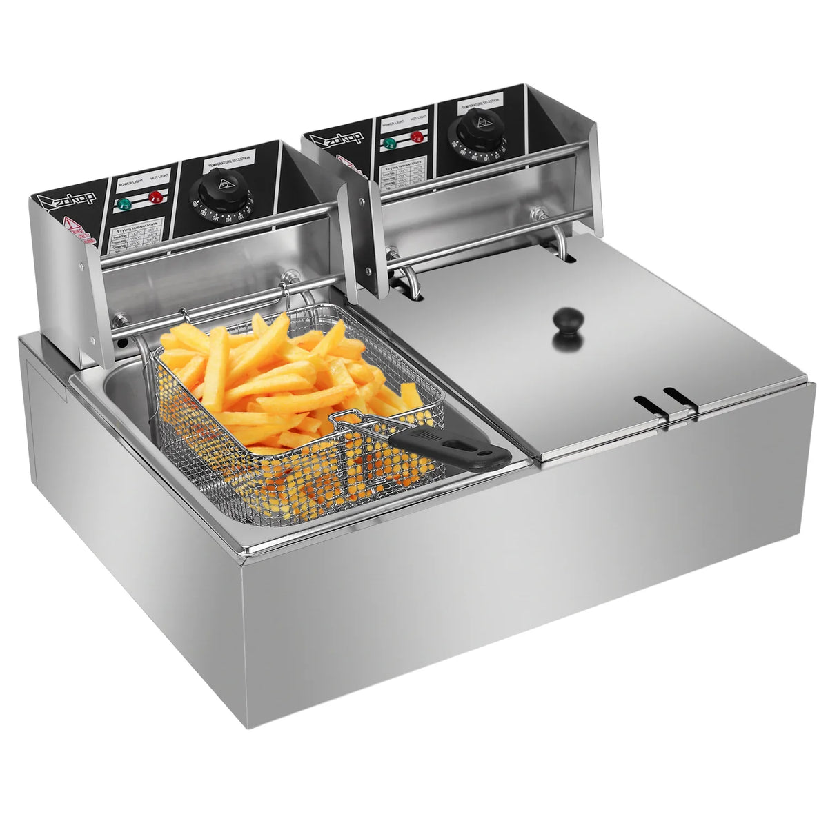 ZOKOP EH82 Double Cylinder Electric Deep Fryer, 12L Stainless Steel Twin Tank – 2 x 2500W, UK Plug
