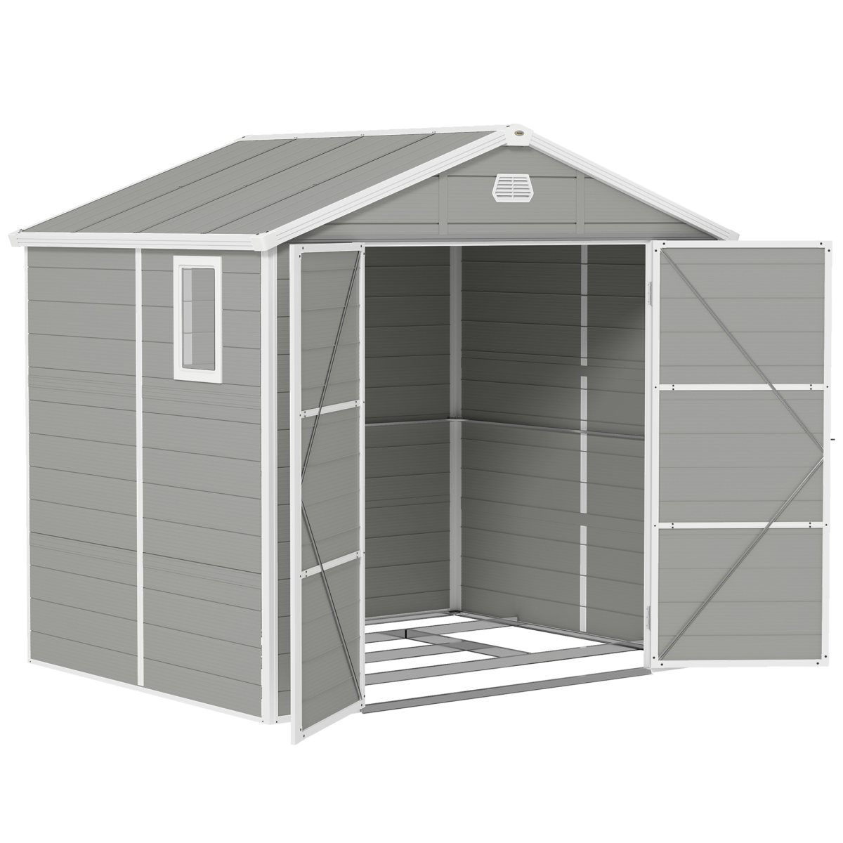 Outsunny 8x6ft Garden Shed with Galvanised Foundation Kit, Vents & Window – Lockable Aluminium Frame Storage, Light Grey
