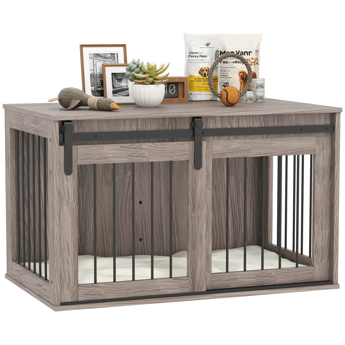 PawHut Dog Crate Furniture with Removable Cushion for Large Dogs – Side Table Cage, Brown
