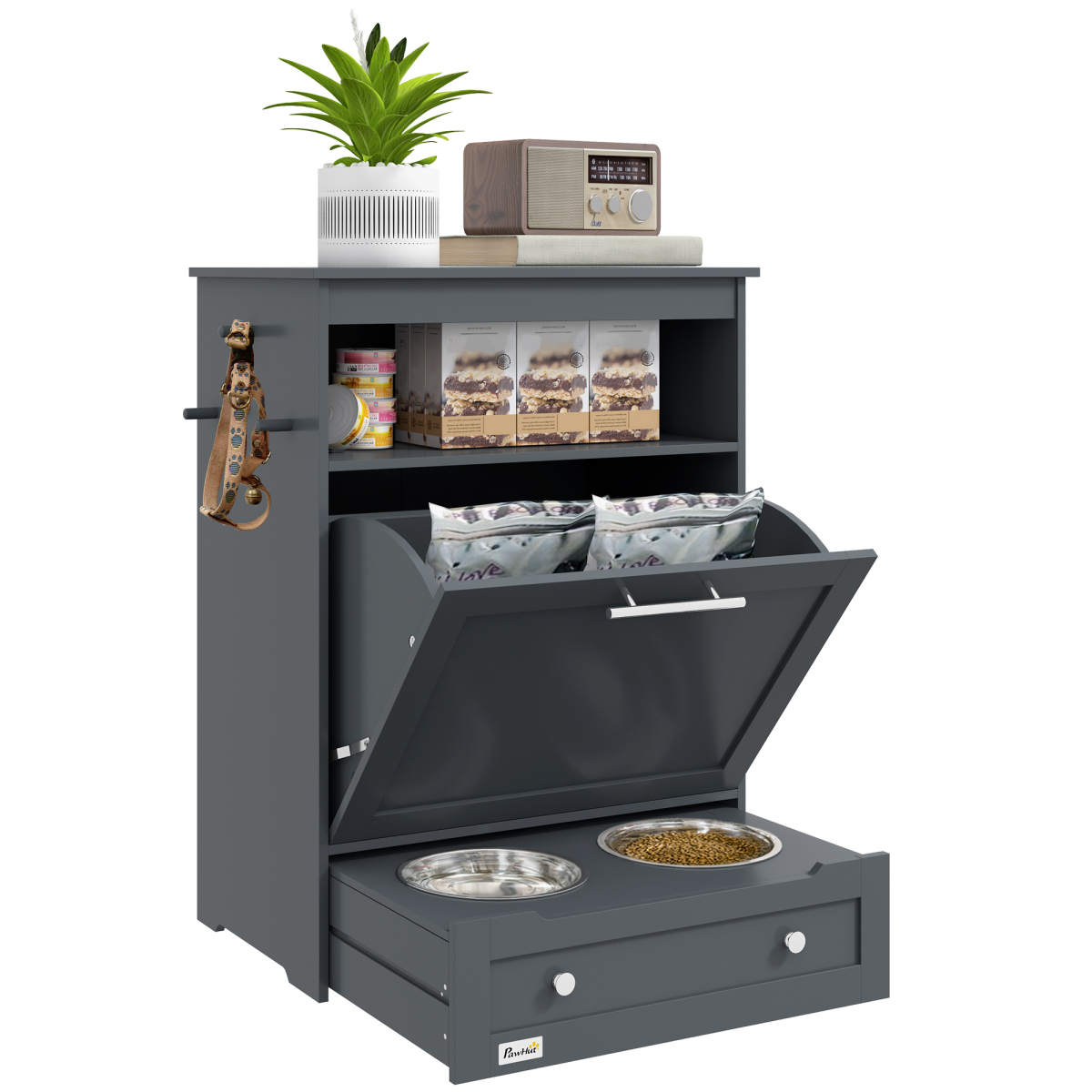 PawHut Pet Feeder Station with Two Removable Bowls & Storage Cabinet – Dog and Cat Feeding Table, Grey