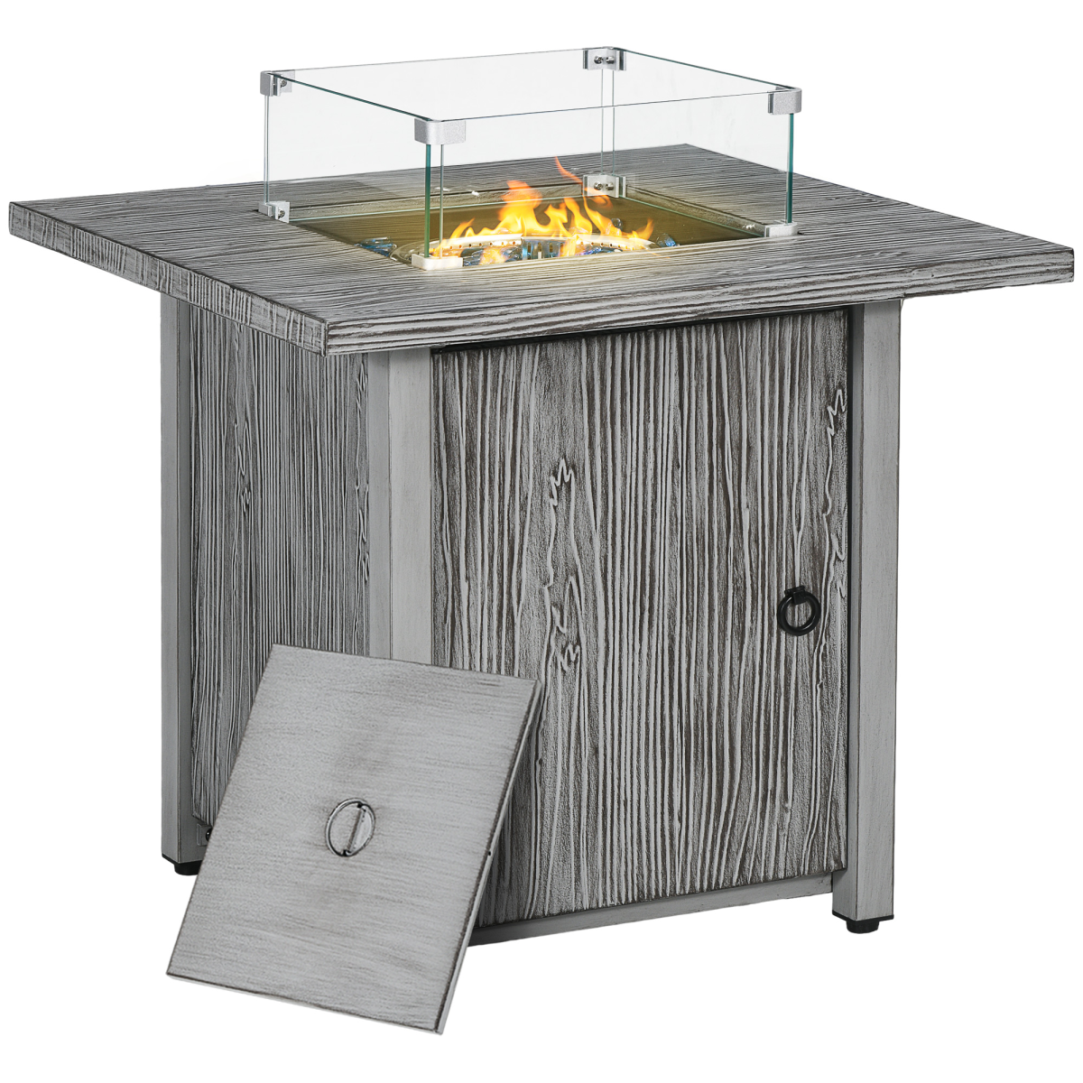 Outsunny 40,000 BTU Propane Gas Fire Pit Table with Glass Screen & Waterproof Cover – Garden Patio Heater, Grey