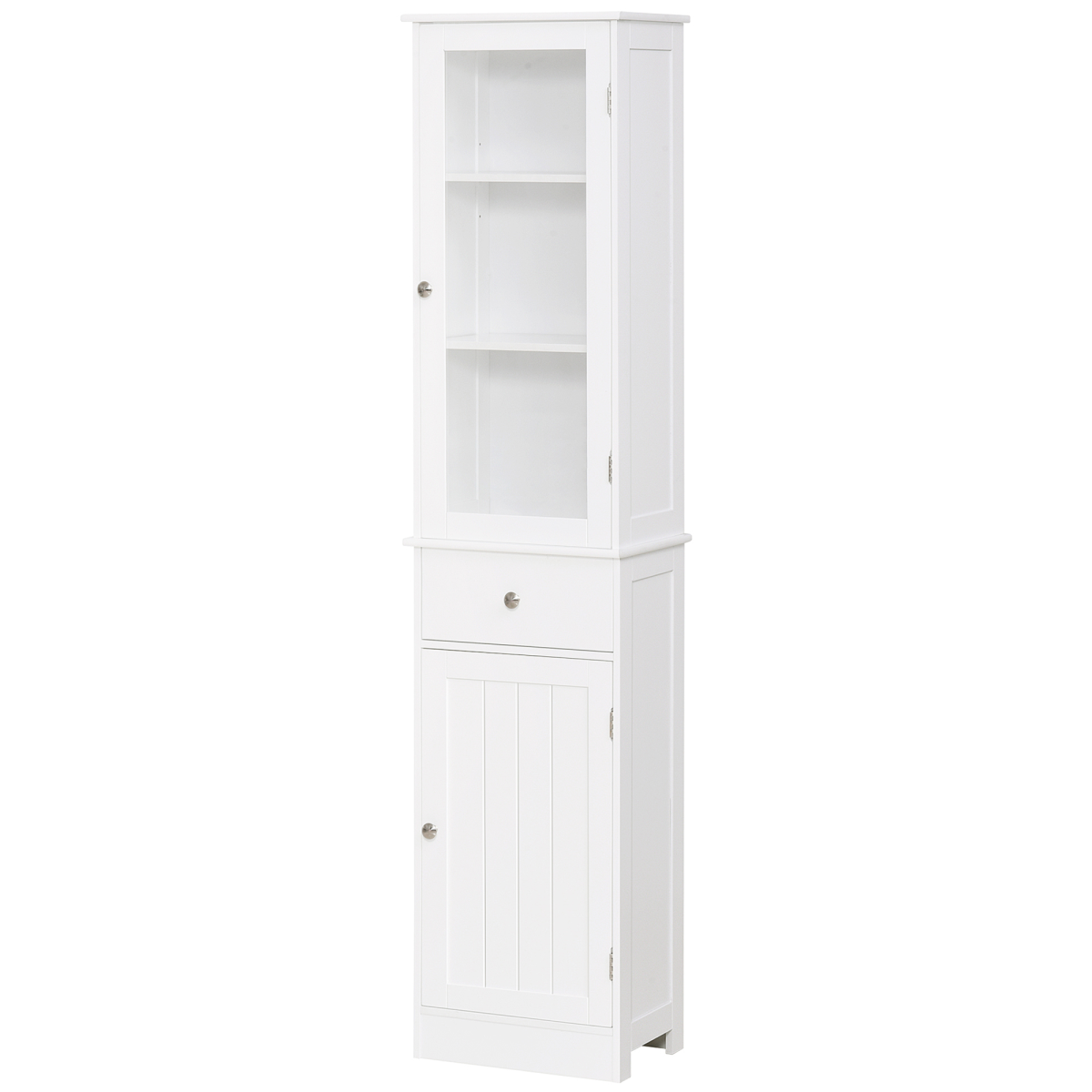 kleankin Tall Bathroom Storage Cabinet with 3 Open Shelves and Acrylic Door – Narrow Anti-Toppling Unit, White