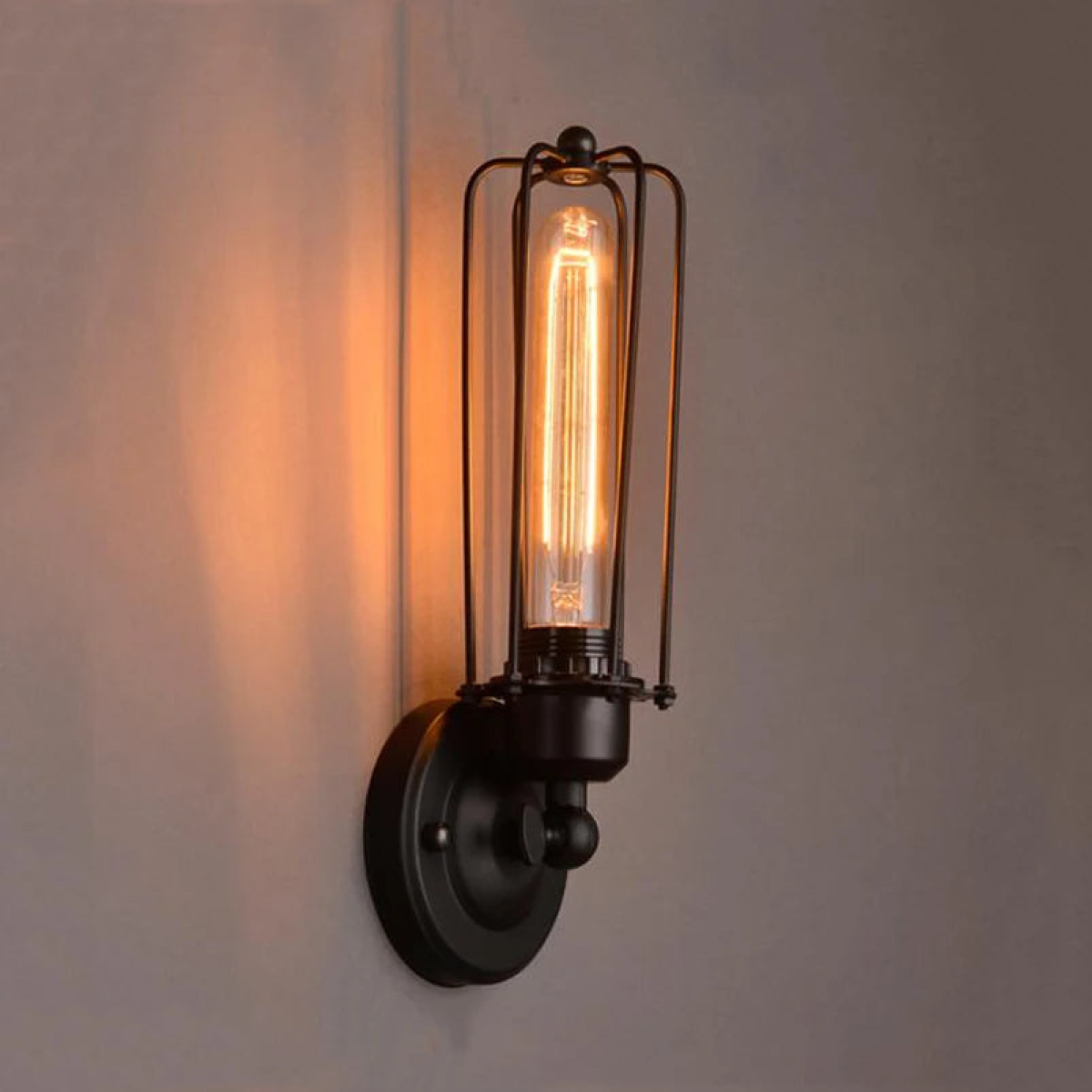LEDSone Industrial Long Cage Wall Light with Adjustable Arm & E27 Holder – Matte Black Metal Wire Sconce