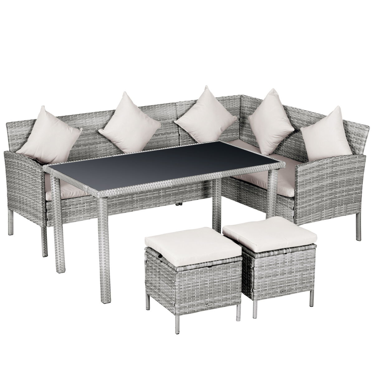 Outsunny 5-Piece PE Rattan Garden Set with 2-Seater Loungers, Footstools & Glass-Top Table – Patio Furniture