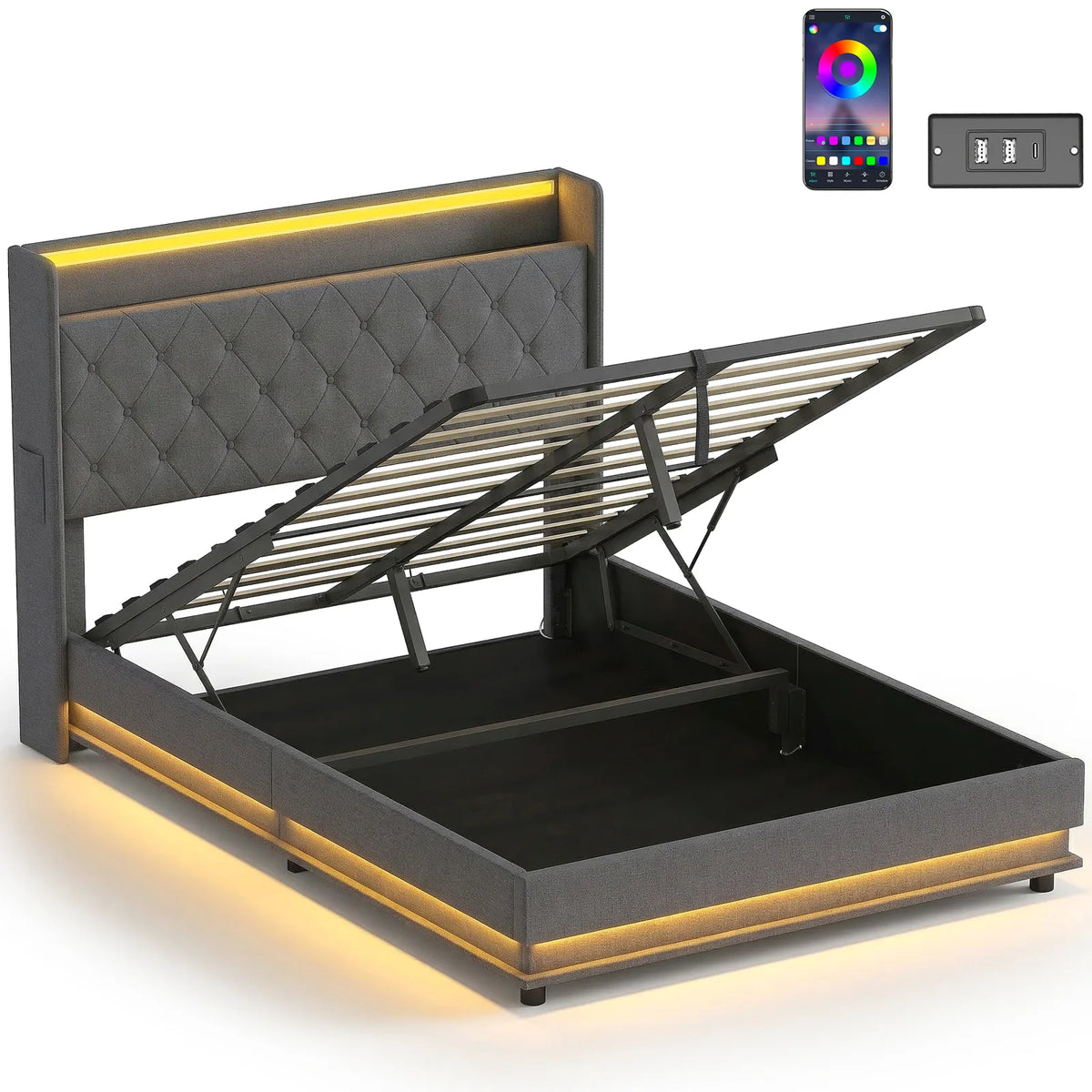 HOMCOM 4ft6 Double Ottoman Bed Frame with Hydraulic Storage, RGB LED Lights and USB Charging – Grey