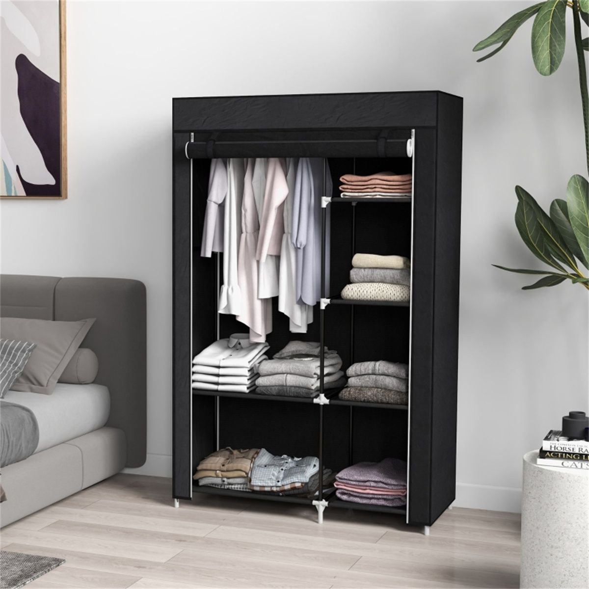 Chester Fabric Wardrobe with Hanging Rail, 6 Shelves and Roll-Up Door – Steel Frame Clothes Storage, Black
