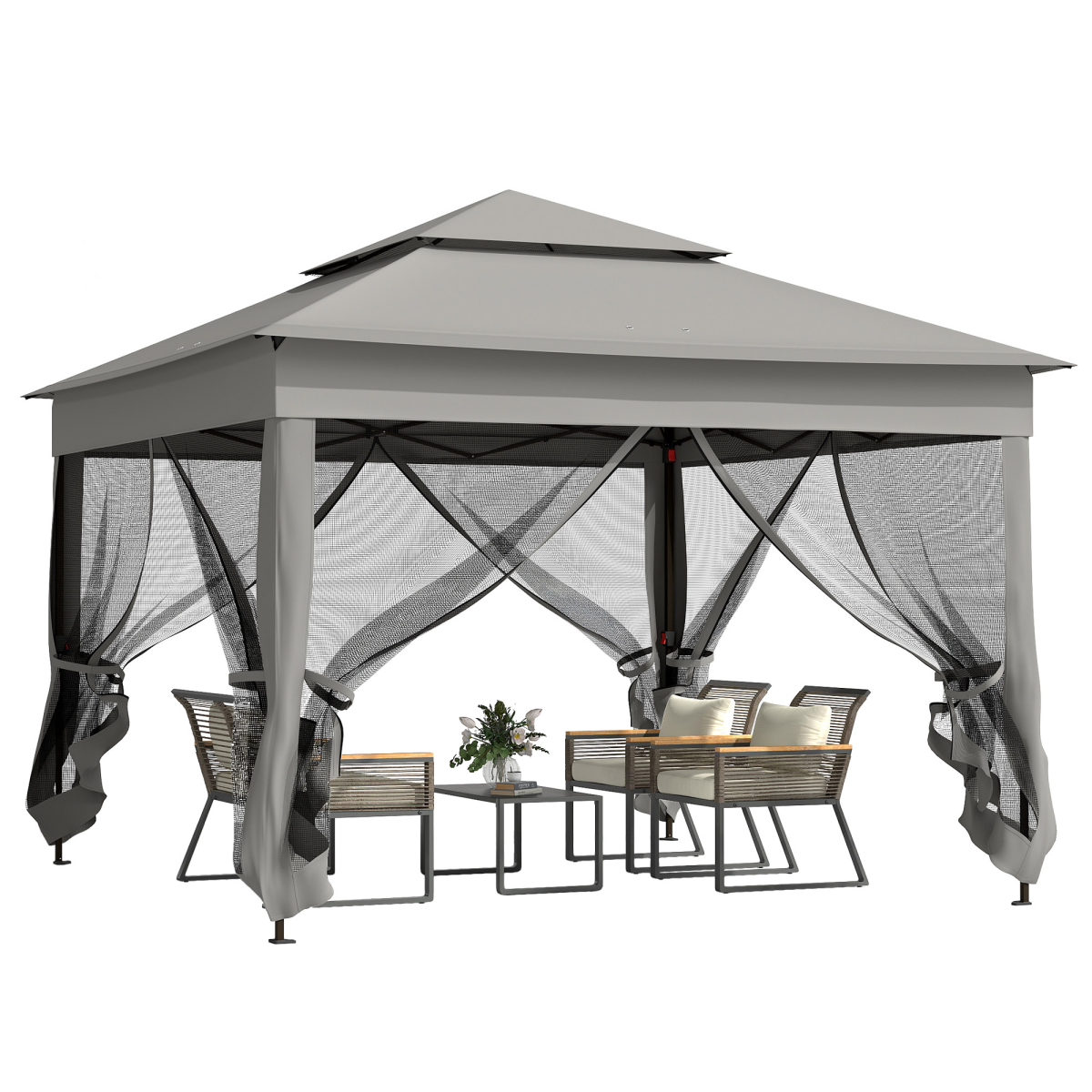 Outsunny 3.25m Pop-Up Gazebo with Net Curtains & Drainage Holes – Folding Party Tent, Dark Grey