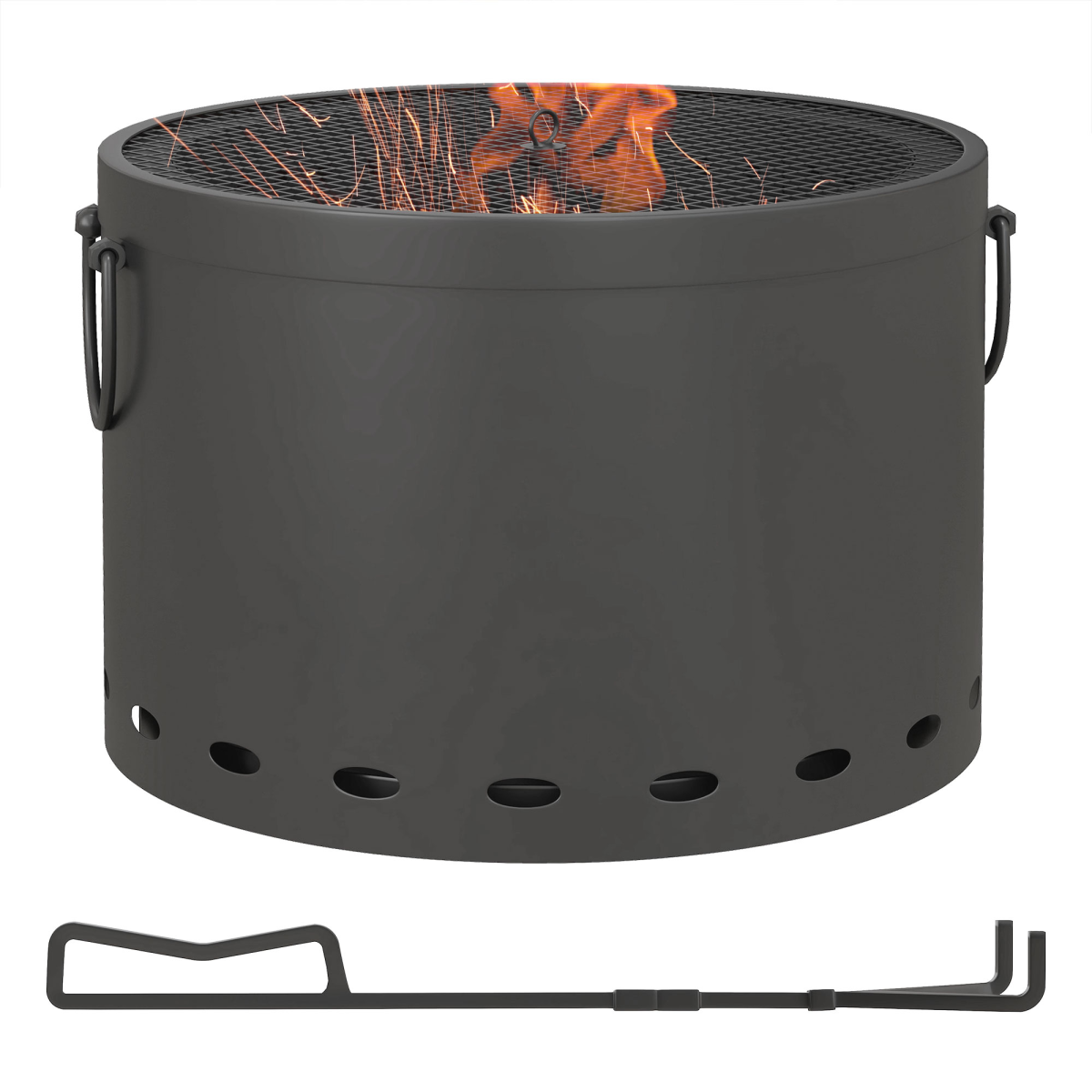 Outsunny 38cm Smokeless Wood-Burning Fire Pit with Lid and Poker – Portable Metal Patio Firepit, Grey
