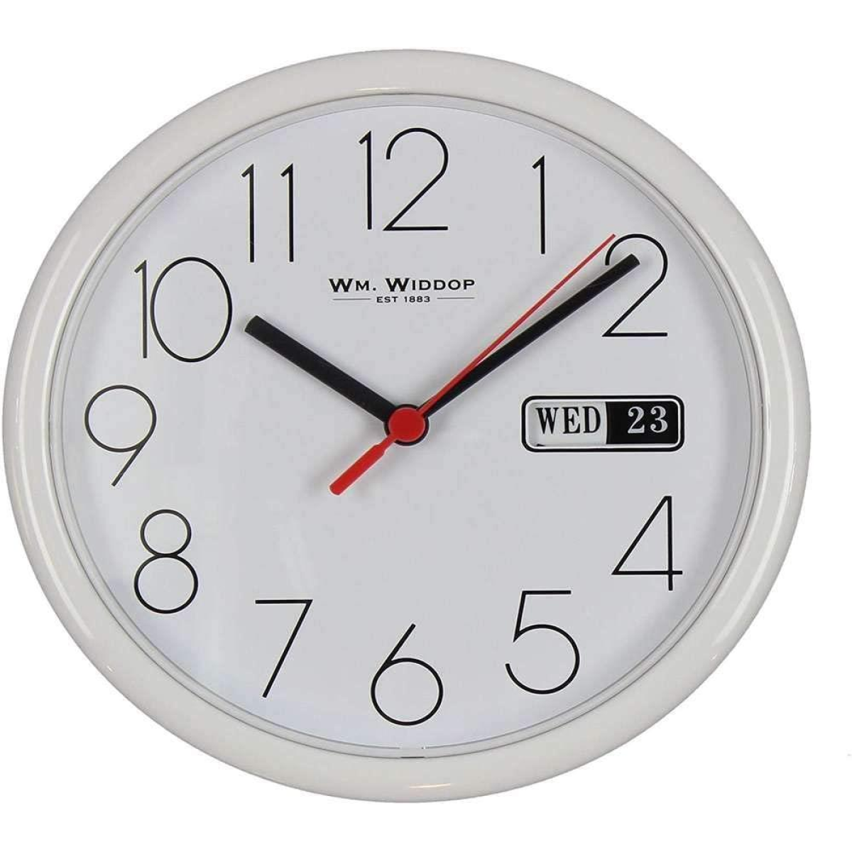 Widdop Day/Date Wall Clock 5177W, 8.5 Inch Round with White Case and White Dial