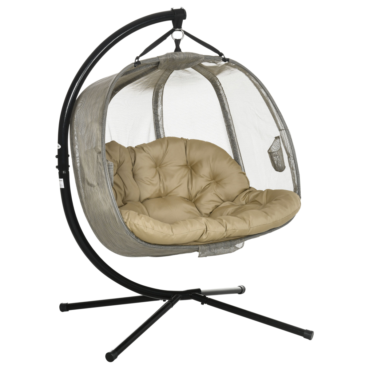 Outsunny Double Hanging Egg Chair with Cushion and Stand – 2-Seater Garden Swing Hammock, Brown