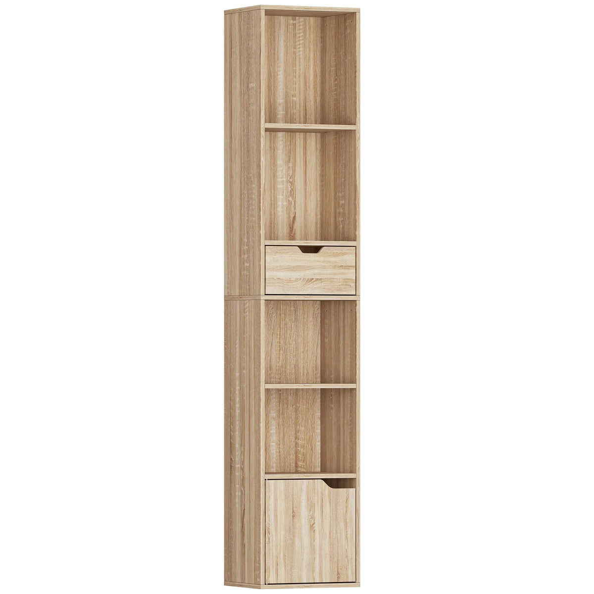 HOMCOM 6-Tier Tall Narrow Bookcase with Drawer, Cupboard and Anti-Tip Kit – Natural Wood Finish