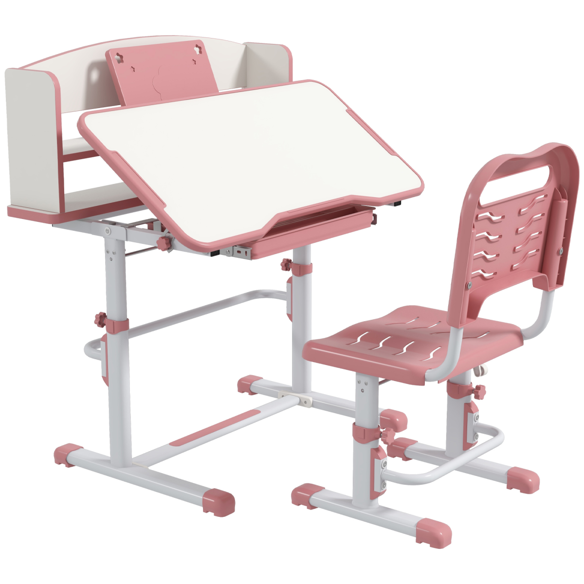 ZONEKIZ Height Adjustable Kids Desk and Chair Set with Drawer & Bookshelf – Tilting Study Desk, Pink