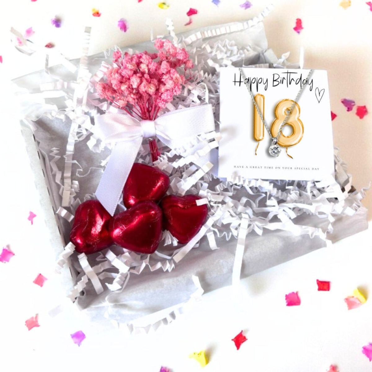 Aye Do Gifts 18th Birthday Cubic Zirconia Silver Necklace & Gold Balloons Mini Gift Hamper with Chocolates