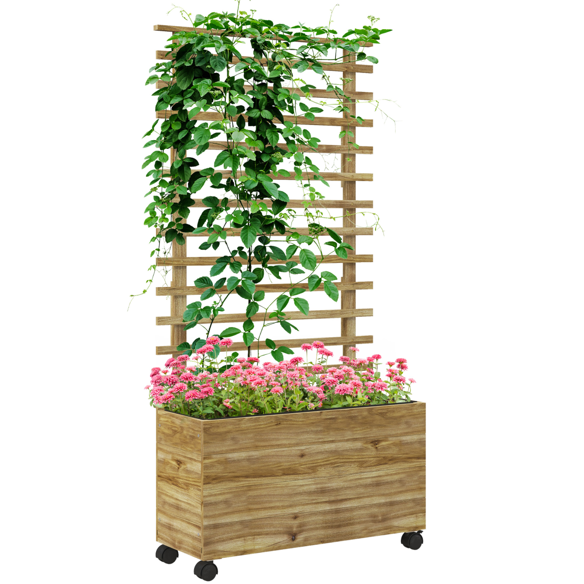 Outsunny Wooden Trellis Planter Box Raised Bed with 4 Wheels & Inner Fabric Bag – Indoor/Outdoor, Natural