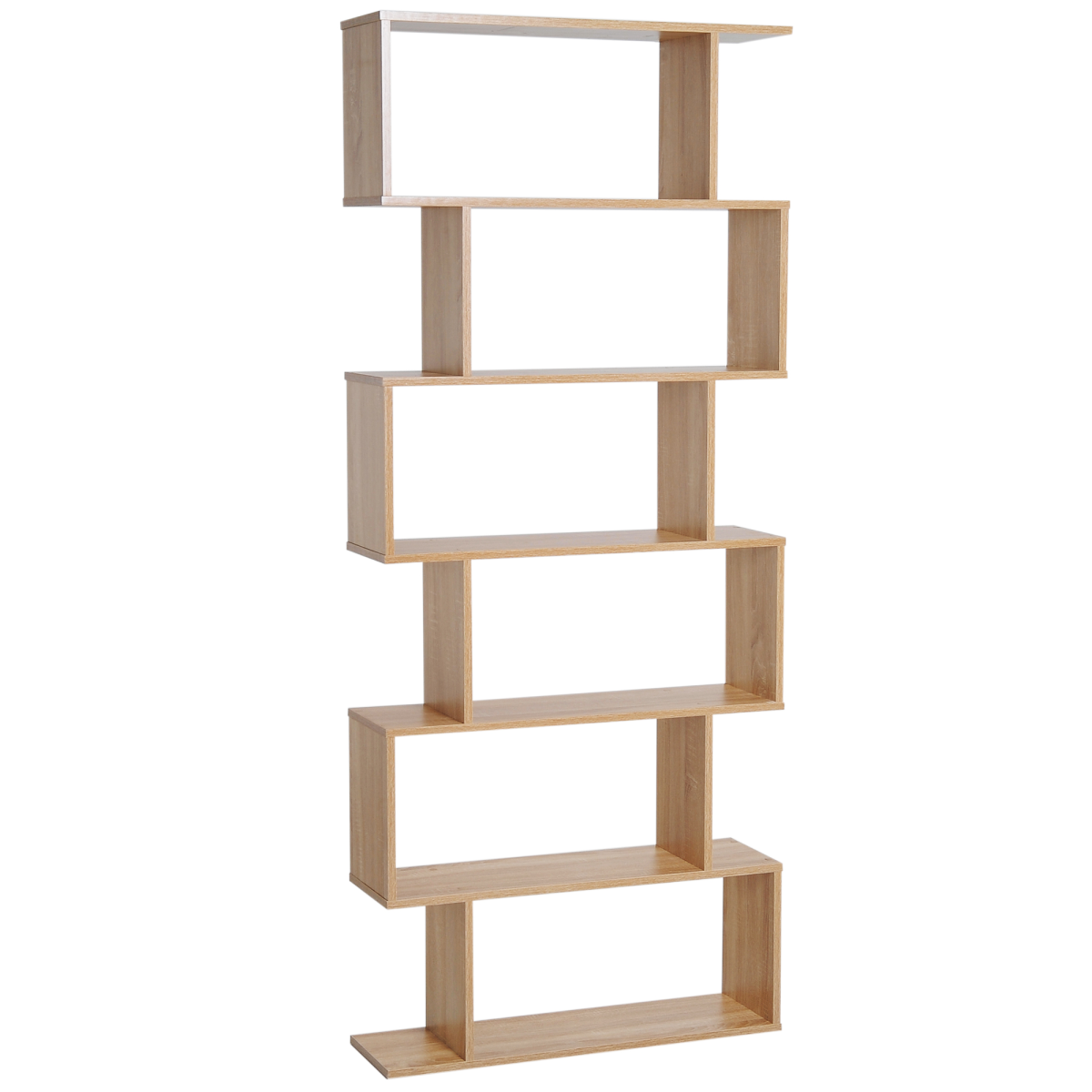 6-Tier Modern S-Shaped Wooden Shelf Storage Unit – Bookcase & Display Cabinet for Home Office, Oak Colour