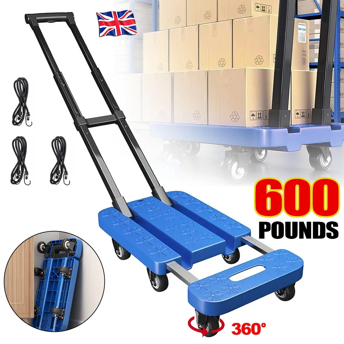 270kg Folding Hand Truck Trolley – Telescopic Aluminium Platform Cart for Shopping & Travel, Blue/Black
