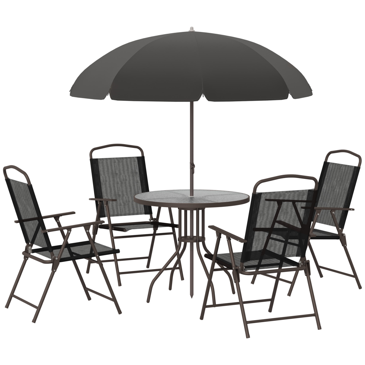 Outsunny 6-Piece Garden Bistro Set with 4 Folding Texteline Chairs, Glass Table & Parasol – Black