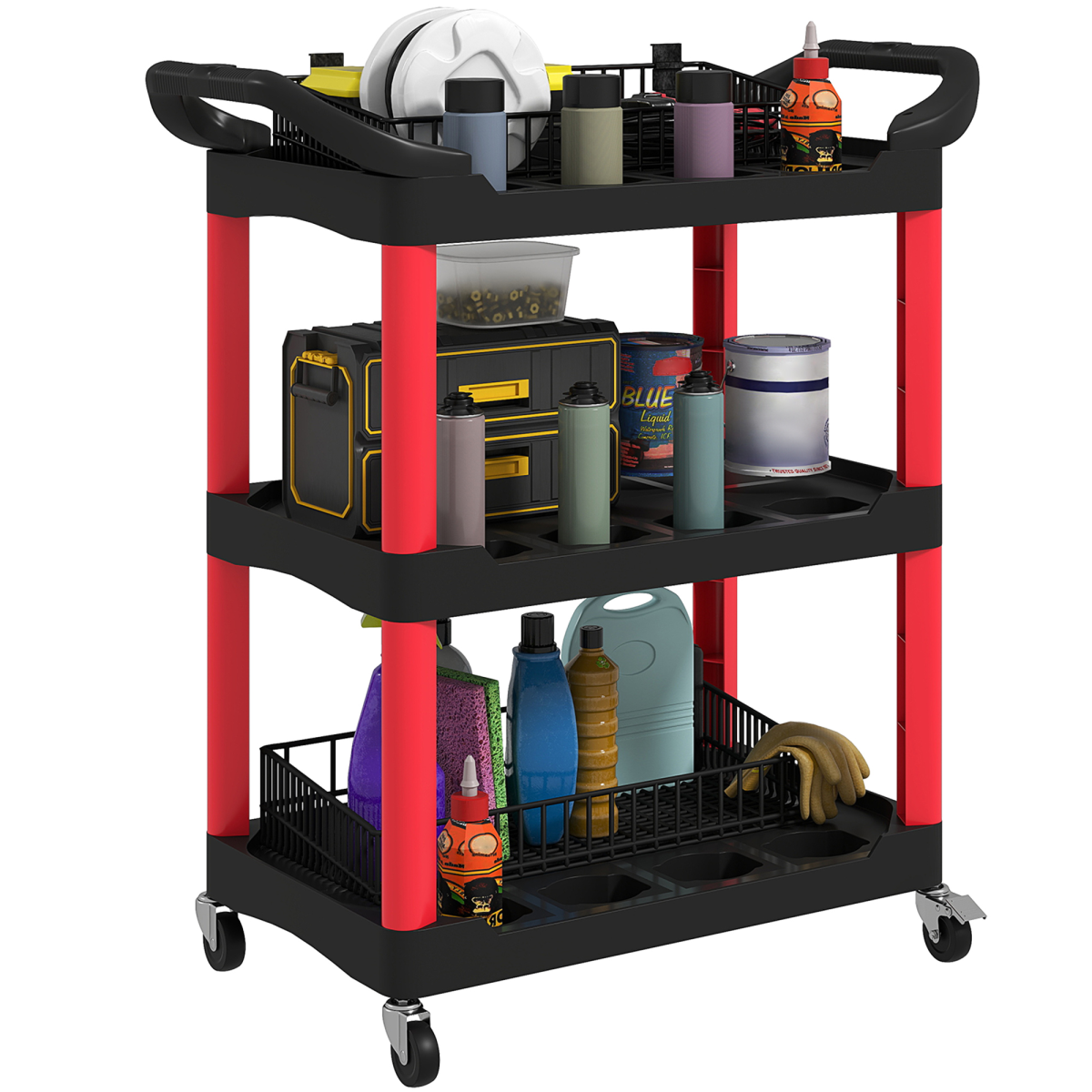 HOMCOM 3-Tier Rolling Tool Cart with Wheels and Side Handles – Garage & Workshop Storage Trolley, Black