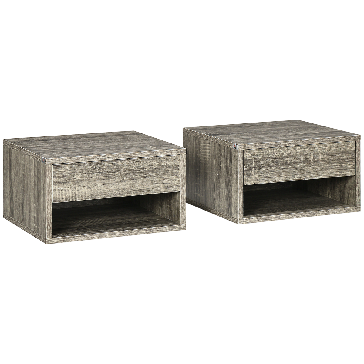 HOMCOM Set of 2 Floating Wall Mounted Bedside Tables with Drawer and Shelf – Nightstands, Brown