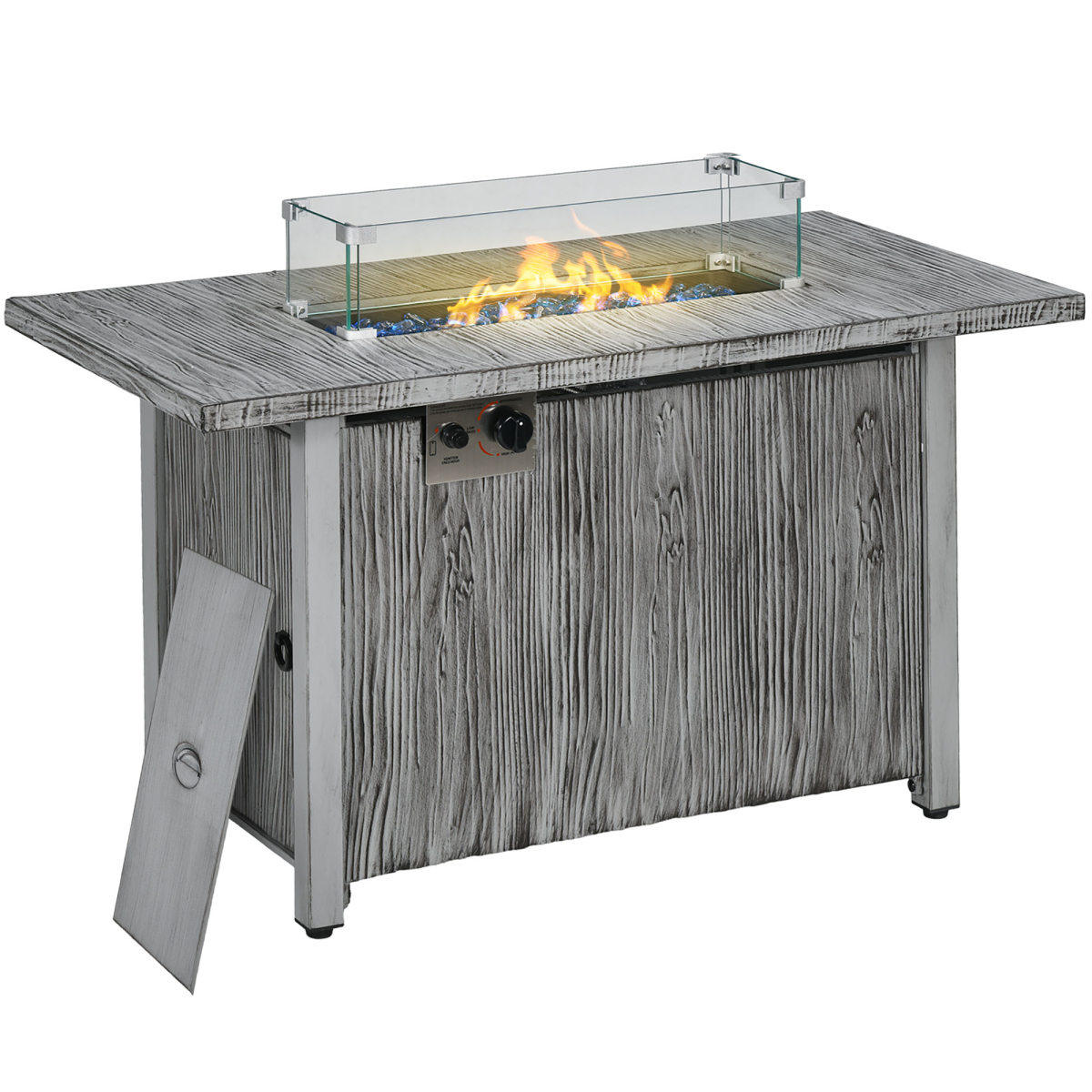 Outsunny 50,000 BTU Propane Gas Fire Pit Table with Waterproof Cover and Glass Screen, Wood-Effect Grey