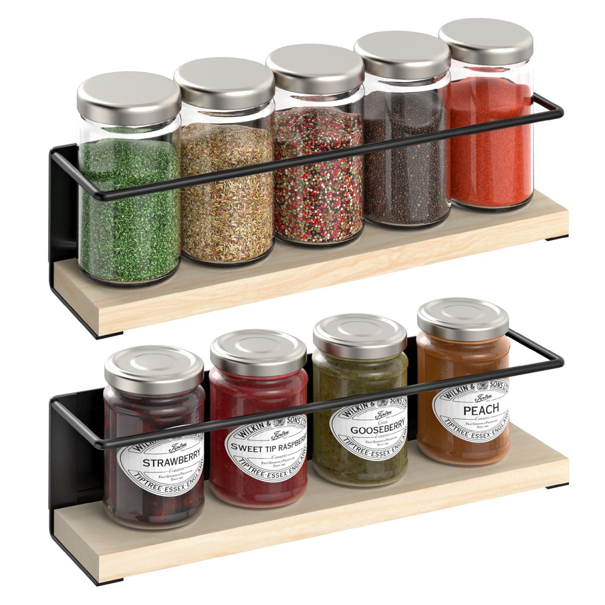 Vinsani 2 Piece Magnetic Spice Rack with Wooden Shelf – No Drilling, Fridge & Metal Surface Storage