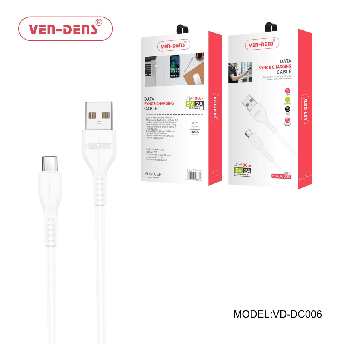 Ven-Dens USB to Type-C Charging Cable, 2A – 1m Anti-Slip, Heat-Resistant Lead, White