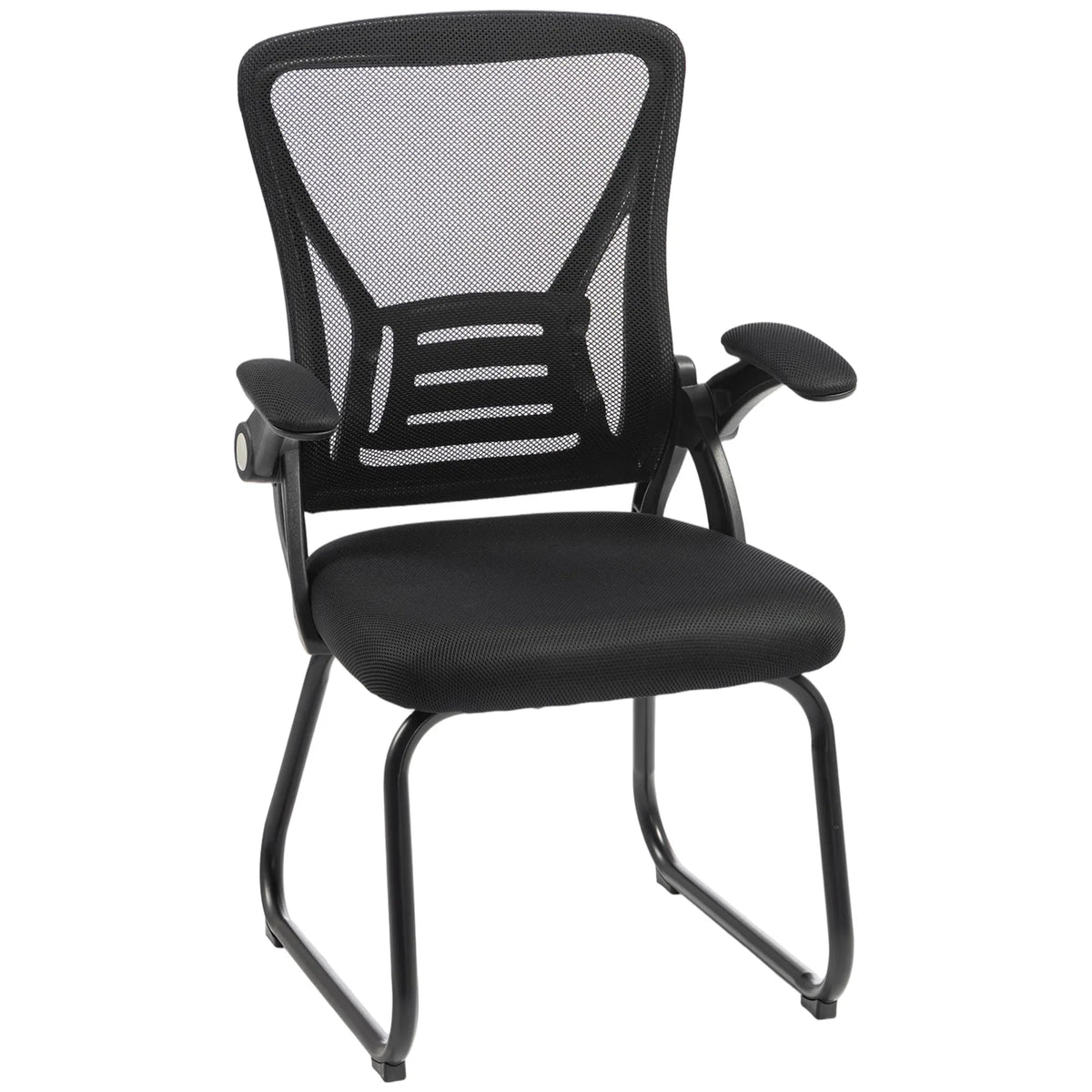HOMCOM Reception Chair with Mesh Backrest and Flip-Up Armrests – Wheelless Office Chair, Steel Legs, Black