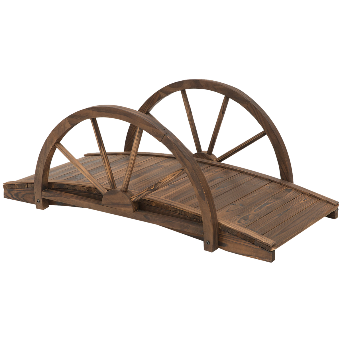 Outsunny Fir Wood Garden Walkway Bridge, 3.3ft / 1m with Half-Wheel Side Rails – Outdoor Pond Decor, Brown