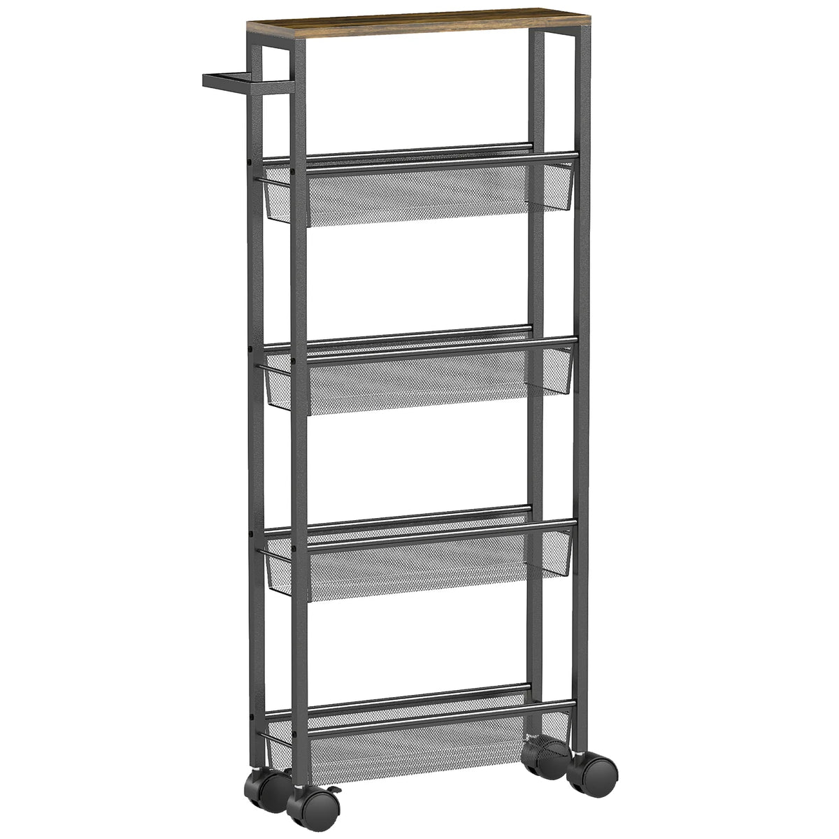HOMCOM Slim 5-Tier Storage Trolley with Wood-Effect Top, 4 Mesh Baskets and Swivel Wheels – Kitchen Cart, Black