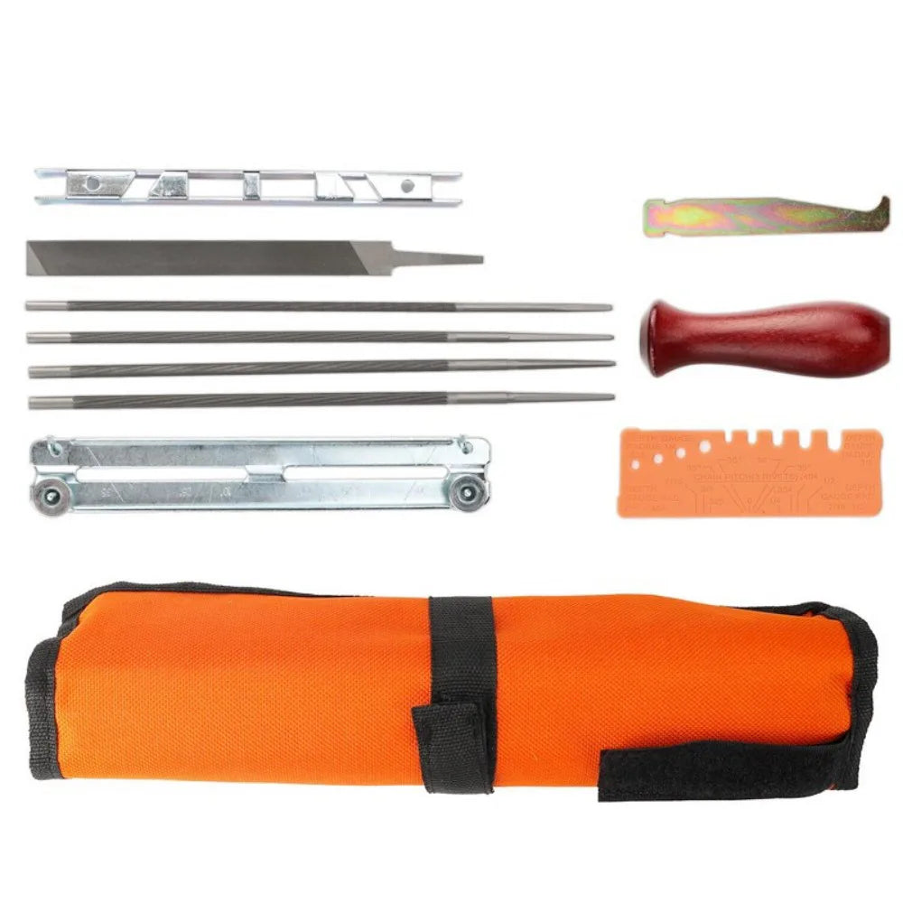 11-Piece Chainsaw Sharpening File Kit with File Guide and Depth Gauge – Round Files for Stihl Chains, Silver