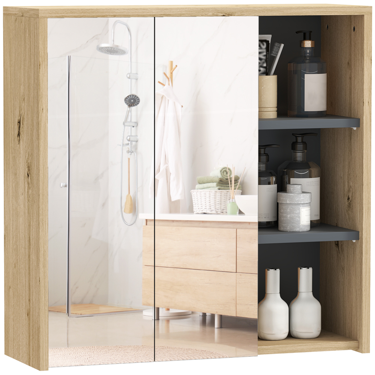 HOMCOM Wall-Mounted Bathroom Mirror Cabinet with Five Shelves and Two Mirrored Doors, Natural