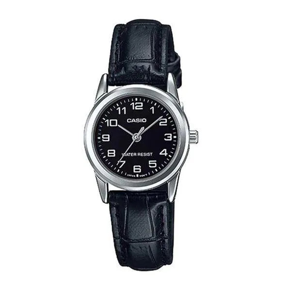 Casio Ladies Analogue Watch – Black Dial, Leather Strap, LTP-V001L-1BUDF
