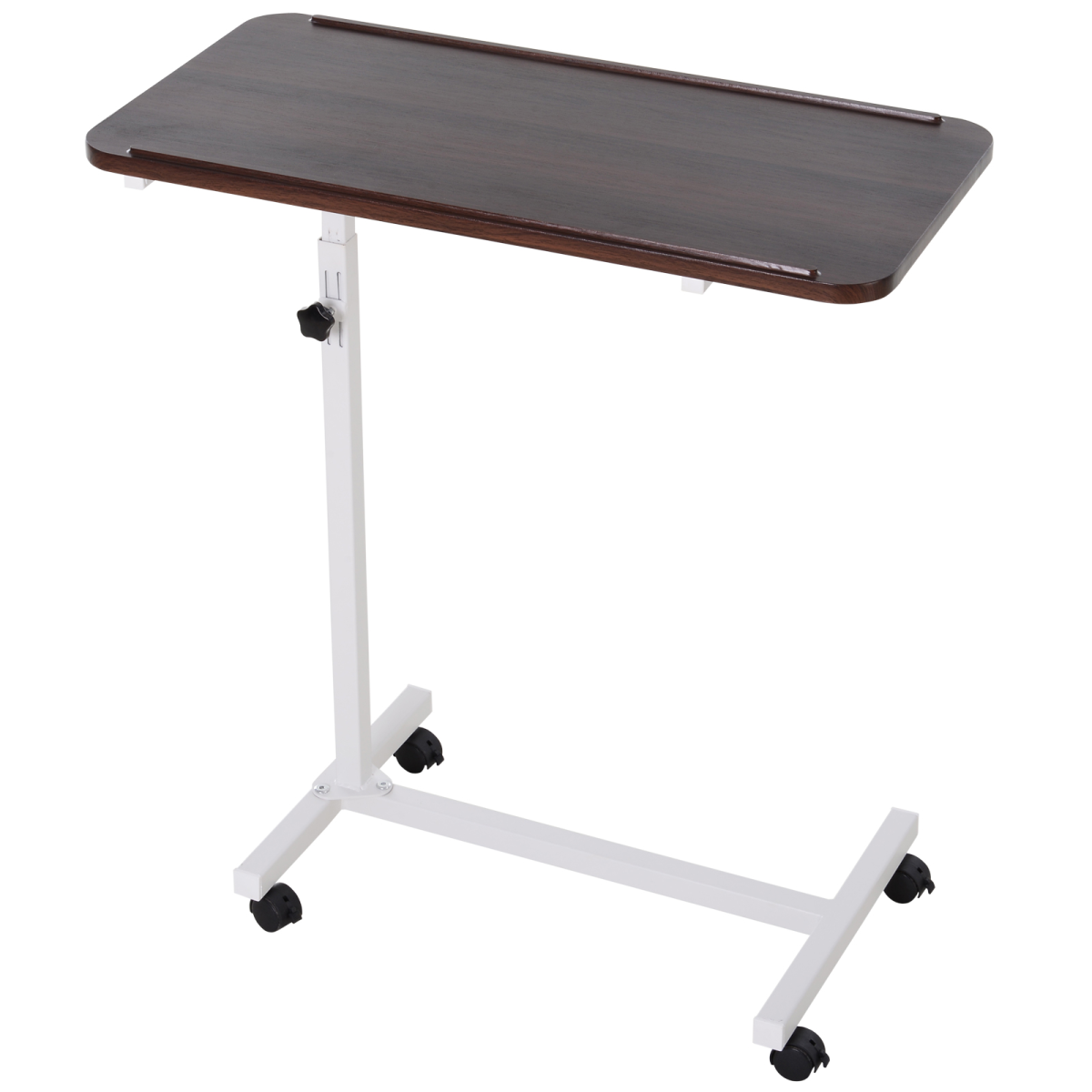 HOMCOM Height-Adjustable Overbed Table with Rolling Casters and Brakes – Sofa Side Table, White and Brown