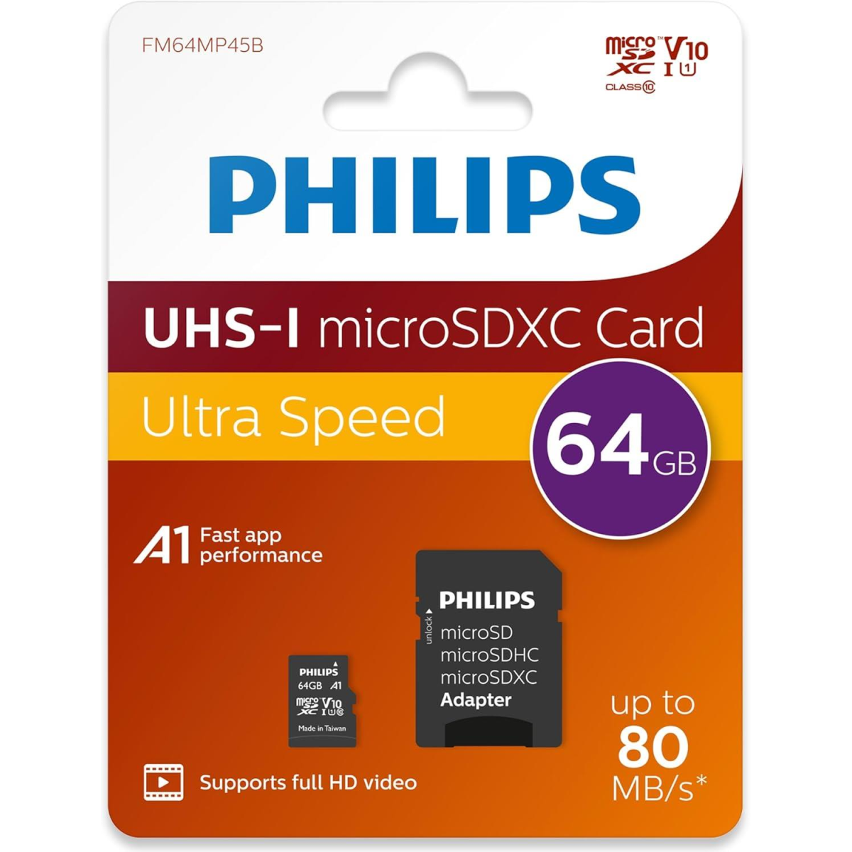 Philips 64GB Micro SDHC Class 10 Memory Card with SD Adapter – Up to 80MB/s Transfer Speed
