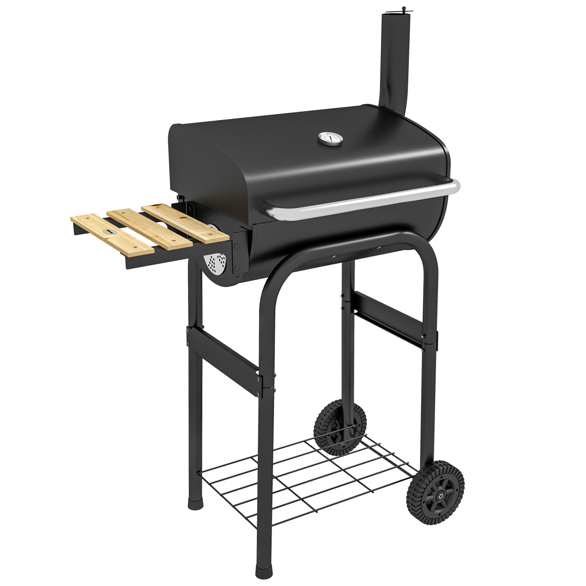 Outsunny Charcoal BBQ Grill Trolley with Lid, Thermometer & Shelves – Wheeled Garden Barbecue, Black