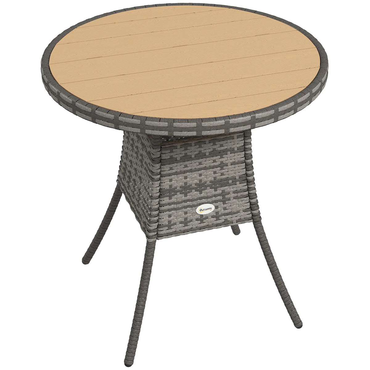 Outsunny 70 cm Round Rattan Garden Table with Slatted Wood-Effect Top, Natural