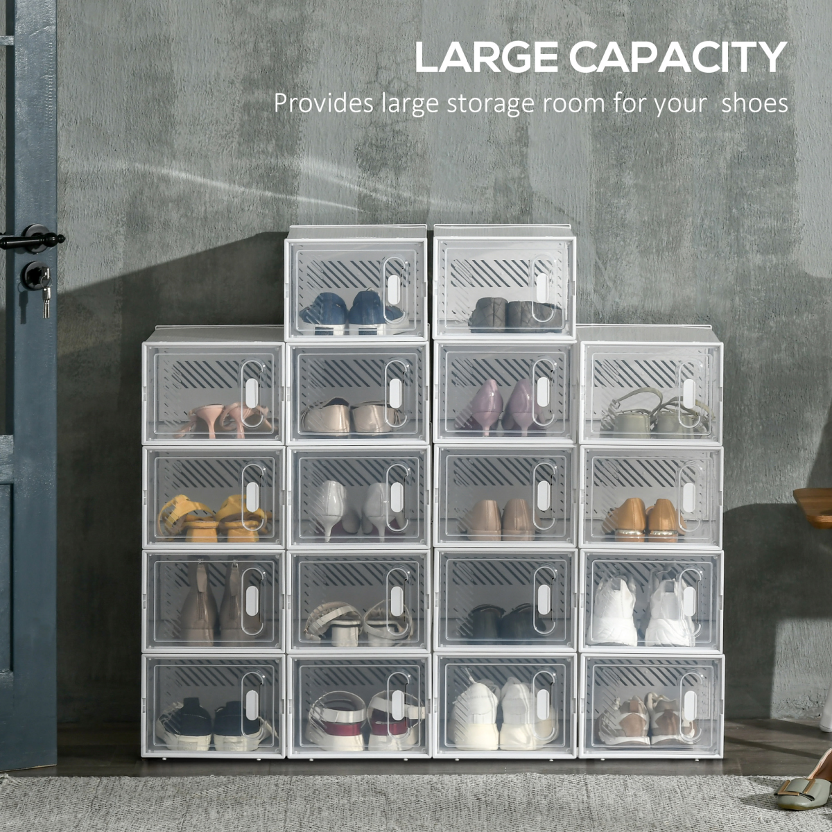 Stackable Shoe Storage Boxes, Set of 18 Clear Plastic Shoe Organisers with Magnetic Doors – Clear & White