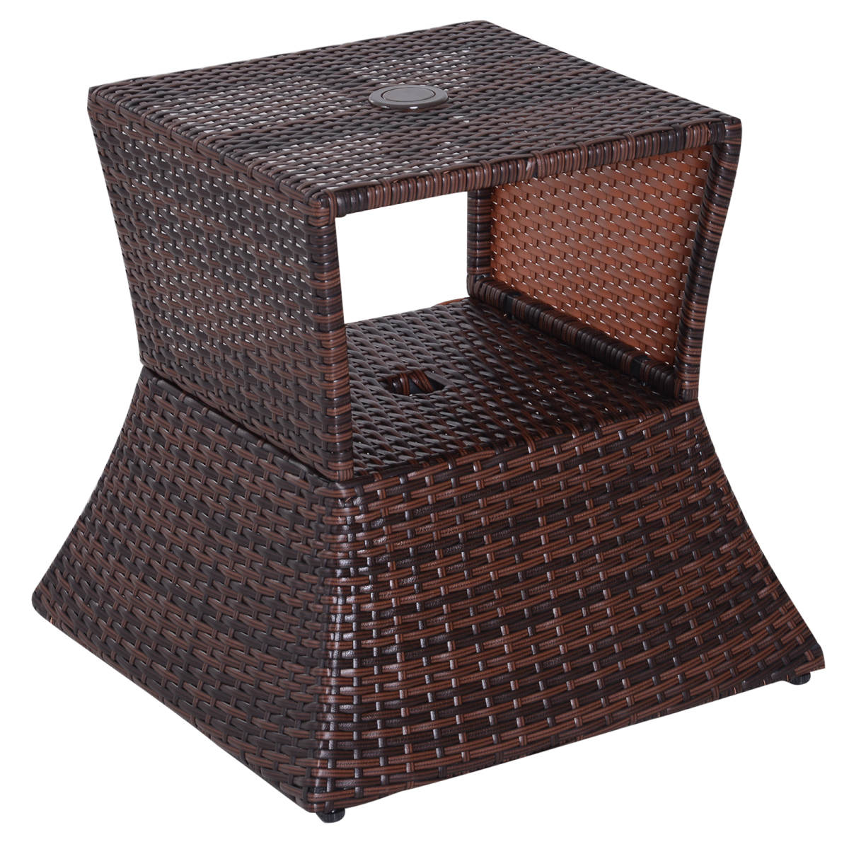 Outsunny PE Rattan Tea Coffee Table with Parasol Hole and Storage Shelf – Metal Frame Garden Table, Mixed Grey