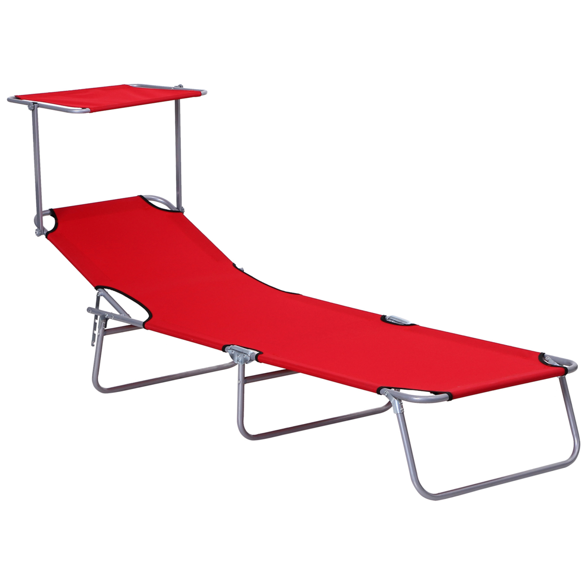 Outsunny Folding Sun Lounger with Sunshade and 4-Level Adjustable Back – Portable Recliner for Camping, Red