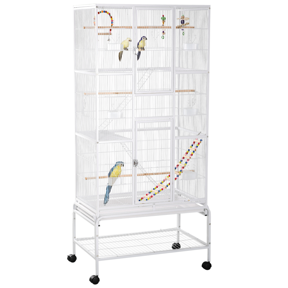 PawHut 3 Tier Bird Cage with Stand, Toys & Wheels – Flight Cage for Canary, Finch, Cockatiel, Parakeet, Budgie